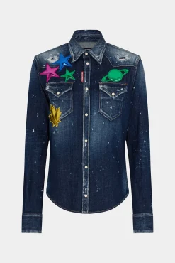 Dark Ripped Metal Patch Wash Western Shirt