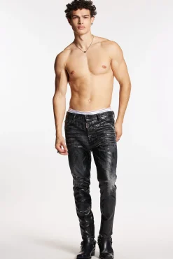 Shiny Coated Wash Relax Long Crotch Jeans