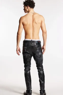 Shiny Coated Wash Relax Long Crotch Jeans