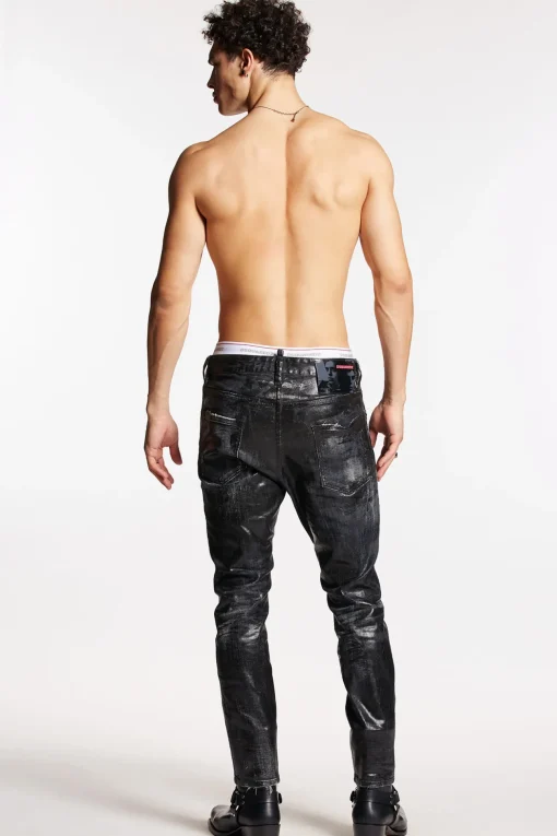 Shiny Coated Wash Relax Long Crotch Jeans