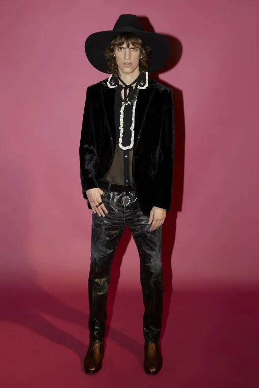 Shiny Coated Wash Relax Long Crotch Jeans